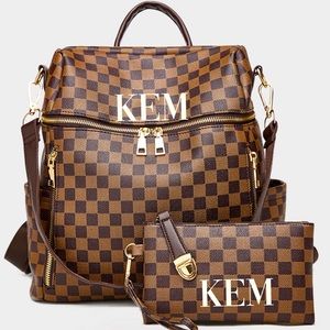 Custom checkered zip backpack wristlet wallet set